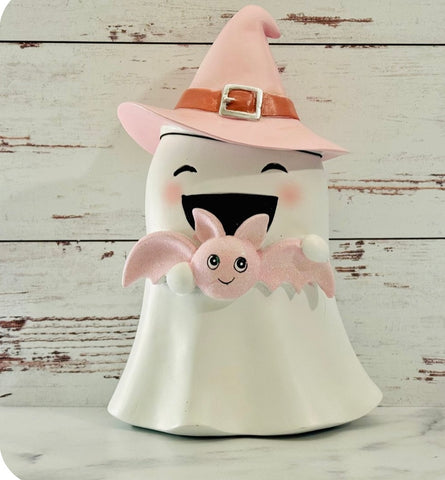 Pastel Pink Witchy Ghost Holding Bat Figurine